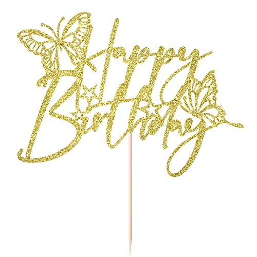 WRACKKIAR Butterfly Happy Birthday Cake Topper-Butterfly Cake Decor for Girl Birthday-Glitter Butterfly Cake Pick Decorations for Butterfly Theme Baby Shower Kids Birthday Party Supplies (Gold)