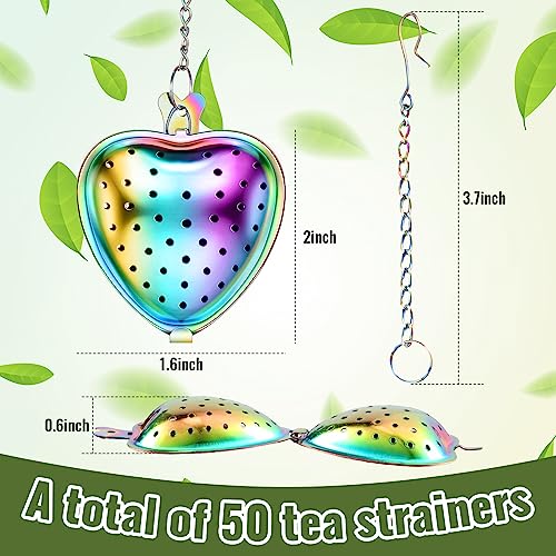 Sumind 50 Pcs Stainless Steel Tea Strainer Ball Infuser Loose Leaf Steeper Interval Diffuser Heart Shape Mesh Filters with Extended Chain Hook for tea party Seasonings Cup Bottle(Rainbow)