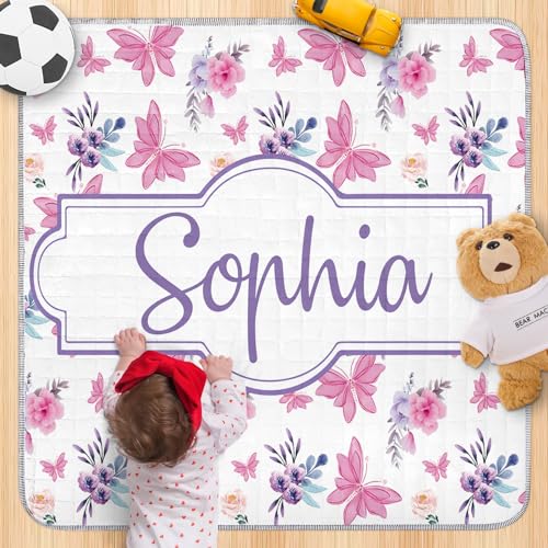 Personalized Baby Playmat with Name - Personalized Baby Playmat - Pink Butterfly Washable Baby Play Mat Portable Playmat for Babies, Foldable Toddler Playpen Mat Non-Slip Baby Mat(43