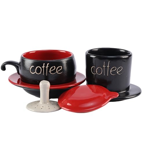 Birdee Ceramic Phin Filter - Red Small Dripping Ceramic Coffee Phin Filter for Ground Coffee - Portable Camping Coffee Maker - Easy to Use Coffee Drip Filter - Gift for coffee lovers