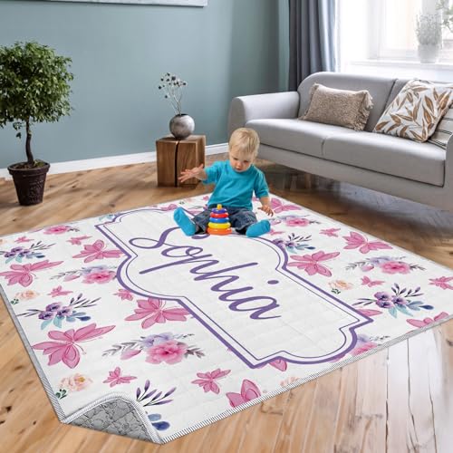 Personalized Baby Playmat with Name - Personalized Baby Playmat - Pink Butterfly Washable Baby Play Mat Portable Playmat for Babies, Foldable Toddler Playpen Mat Non-Slip Baby Mat(43