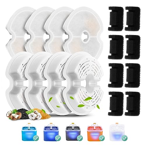 8 Pack Replacement Filters & Pump Sponges for 67oz/2L Colorful Cat Fountain with LED Light