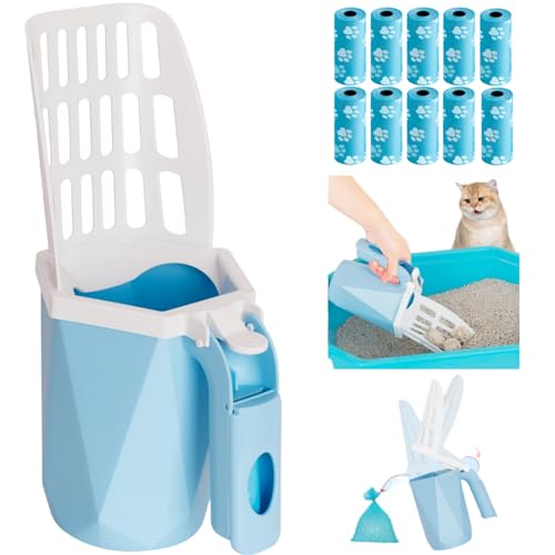 Cat Litter Scoop, Cat Litter Scooper with Holder for Litter Box Includes 10rolls (150pcs) Litter Bags, Large Shovel and Waste Storage Container