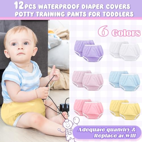 Funtery 12 Packs Waterproof Plastic Pants for Toddlers Reusable Diaper Covers Unisex Baby Potty Training Underwear Covers (Colorful