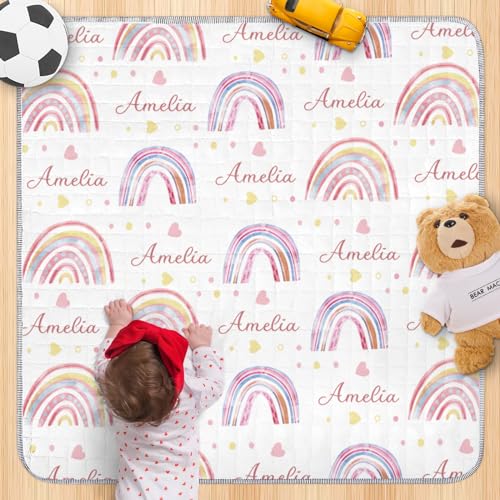 Personalized Baby Playmat with Name - Purple Rainbow Print Personalized Baby Playmat - Washable Baby Play Mat Portable Playmat for Babies, Foldable Toddler Playpen Mat Non-Slip Baby Mat(43