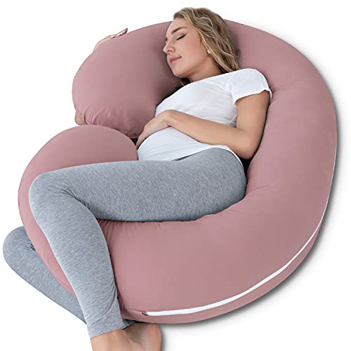 INSEN Cooling Pregnancy Pillow, Maternity Pillow with Soft Cotton Cover, C Shaped for Pregnant Sleeping (Cooling Cotton-Pink)