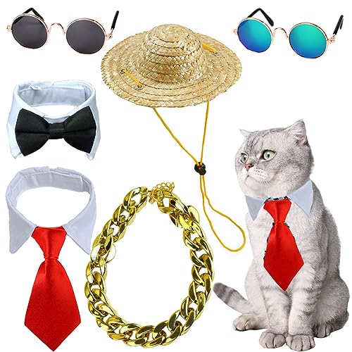 6 Pieces Pets Dog Cat Bowtie Pet Sunglasses and Summer Pet Straw Hat with Faux Gold Chain Pet Costume Adjustable Formal Necktie Collar for Cats Small Dogs Puppy Grooming Accessories