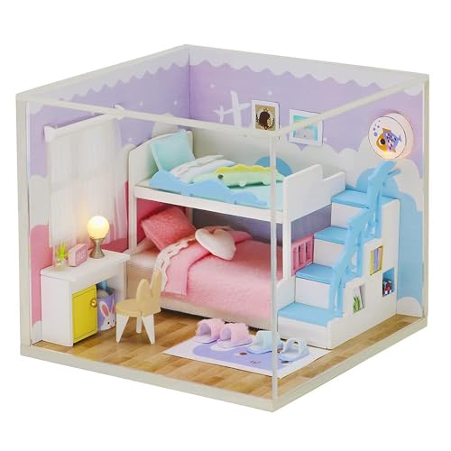 Dollhouse Miniature with Furniture,DIY 3D Wooden Doll House Kit A corner of a Small Apartment Style Plus with Dust Cover and LED