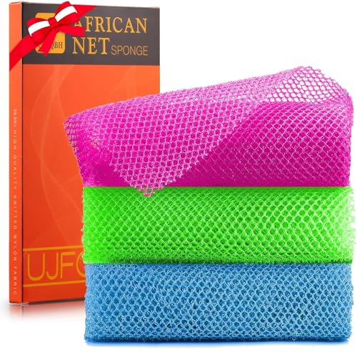 UJFQBH 3 Pieces African Bath Sponge African Net Long Net Bath Sponge Exfoliating Shower Body Scrubber Back Scrubber Skin Smoother,Great for Daily Use (Rose Red, Blue, Green)