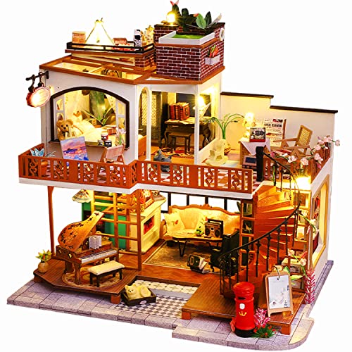 Roroom DIY Miniature and Furniture Dollhouse Kit,Mini 3D Wooden Doll House Craft Model with Dust Proof Cover and Music Movement,Creative Room Idea for Valentine's Day Birthday Gift（ES008）