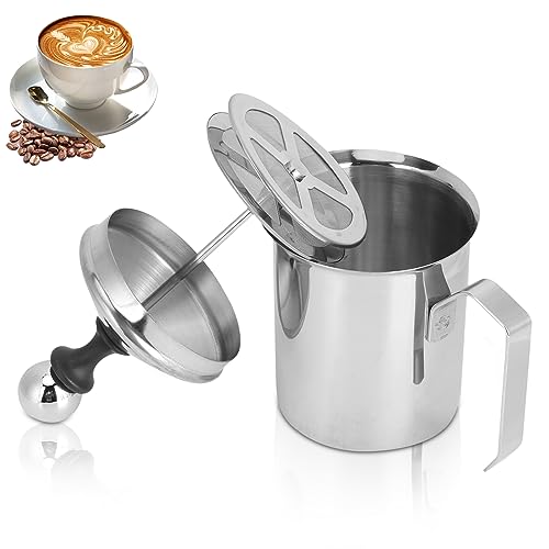 14 oz Manual Milk Frother with Milk Frothing Pitcher, Stainless Steel Hand Pump Milk Foamer with Double Filter Screen for Latte Art