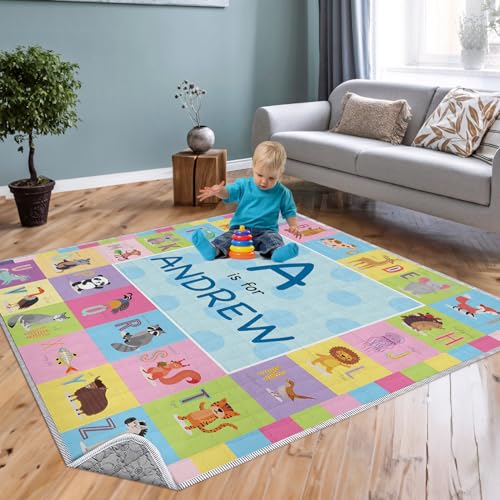 Custom Name Baby Play Mat - Soft Play Mats for Floor, Animal Pattern Foldable Waterproof Playmats for Babies and Toddlers Kids, Reversible Baby Crawling Mat for Indoor and Outdoor(43