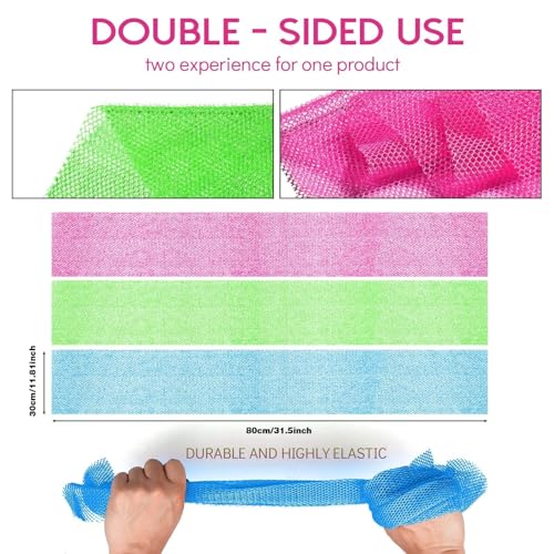 UJFQBH 3 Pieces African Bath Sponge African Net Long Net Bath Sponge Exfoliating Shower Body Scrubber Back Scrubber Skin Smoother,Great for Daily Use (Rose Red, Blue, Green)