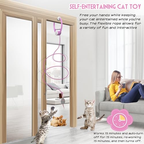 Kezlume Cat Toy Interactive for Indoor Cats, Smart USB Rechargeable Door Hanging Automatic Retractable Kitten Toys, Teaser Electronic Self Play Feather Cat String Toys Attached with 3 Catnip Mice Pink