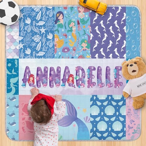 Custom Baby Play Mats for Floor - Portable Foldable Baby Mat,Fits Play Yard, Blue Mermaid Baby Playmat for Infants Toddlers, Odorless-Non Slip Mat Birthday Gift for Babies(43