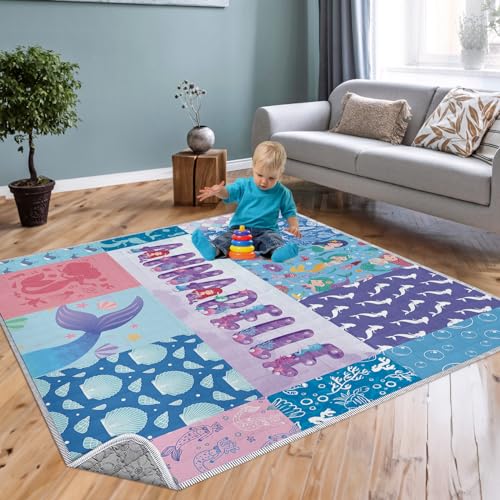 Custom Baby Play Mats for Floor - Portable Foldable Baby Mat,Fits Play Yard, Blue Mermaid Baby Playmat for Infants Toddlers, Odorless-Non Slip Mat Birthday Gift for Babies(43