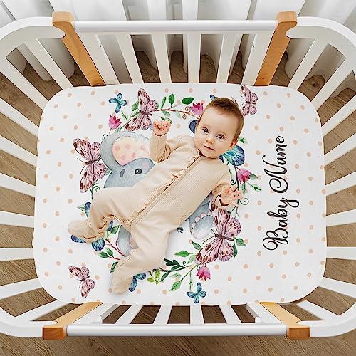 Customized Pack N Play Sheets with Name, Personalized Cute Elephant Mini Crib Sheet for Baby Girls, Multiuse for Pack n Play, Playard, Playpen, Mini Crib, Gift for Infant Toddler Newborn