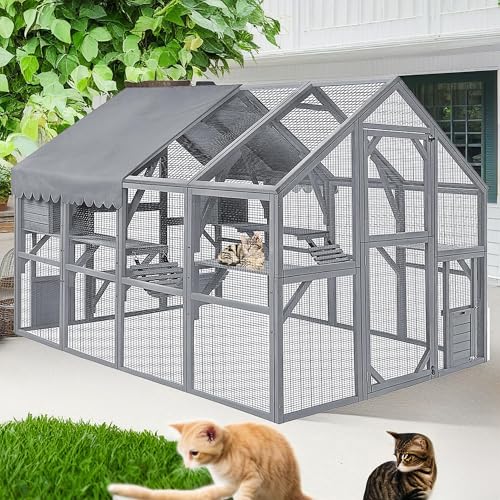 MIRAFIT Catio Outdoor Cat House Enclosure Large for Multiple Cats, Wooden Cat Cage Condo for Outside with Waterproof Roof, Resting Box, Platform, Playpen, Bridges, Doors