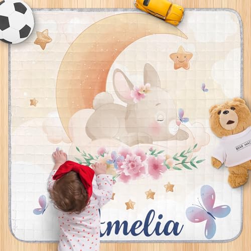 Personalized Baby Playmat with Name - Personalized Yellow Rabbit Baby Playmat - Washable Baby Play Mat Portable Playmat for Babies, Foldable Toddler Playpen Mat Non-Slip Baby Mat(43
