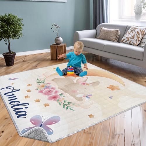 Personalized Baby Playmat with Name - Personalized Yellow Rabbit Baby Playmat - Washable Baby Play Mat Portable Playmat for Babies, Foldable Toddler Playpen Mat Non-Slip Baby Mat(43