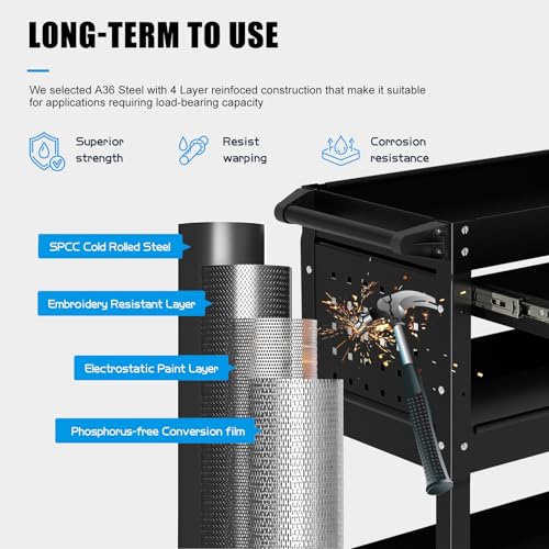 Heavy Duty 3 Tier Tool Cart, Mechanic Metal Rolling Tool Cart with Storage Drawers for Garage Workshop