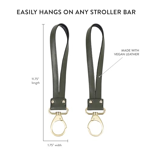 TWELVElittle Stroller Clips 2.0 Non Slip, Vegan Leather, Diaper Bag Straps, Olive