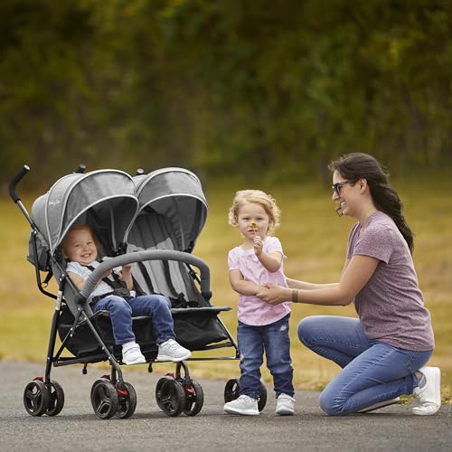 Dream On Me Volgo Twin Umbrella Stroller in Gray, Lightweight Double Stroller for Infant & Toddler, Compact Easy Fold, Large Storage Basket, Large and Adjustable Canopy