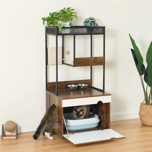 Yone jx je Hidden Cat Litter Box Enclosures with Cat Tree Tower, Cat Furniture with Scratching Pads and Large Storage Space, Industrial Cat Cabinet with Shelves and Doors, Rustic Brown