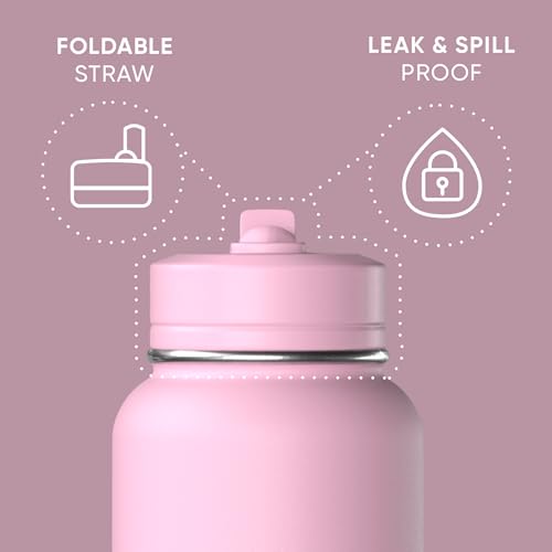 Hydrapeak 32oz Sport Insulated Water Bottle with Straw or Chug Lid, Leak & Spill Proof, Keeps Drinks Cold for 24 Hours, Hot for 12 Hours, Premium Stainless Steel Water Bottles (32oz, Pink)