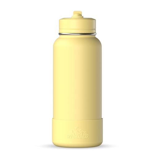 Hydrapeak 32oz Sport Insulated Water Bottle with Straw or Chug Lid, Leak & Spill Proof, Keeps Drinks Cold for 24 Hours, Hot for 12 Hours, Premium Stainless Steel Water Bottles (32oz, Canary)