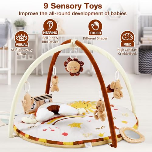 Perbyste Baby Play Gym Mat with 9 Toys, Baby Play Gym for Stage-Based Sensory & Motor Skill All Development, Non-Slip Baby Play Mat Easy to Install & Clean, Gift for Newborn Baby Essentials