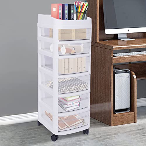 6-Drawer Plastic Storage Cart, Rolling Storage Cart with 6 Drawers & Organizer Top, White Storage Drawer Cart, Drawer Organizer Carts for Home Office Bedroom