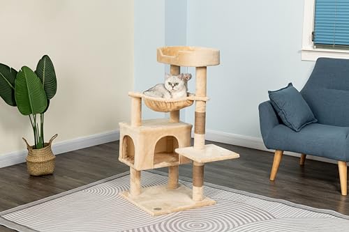 Go Pet Club Everyday Value 37in Cat Tree Tower Cat Condo Comfy Large Perch, Scratching Posts, Dangling Mouse and Hammock, Cat Play Tower for Cats and Kittens, Beige