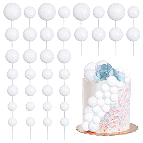 30Pcs Glitter Balls Cake Topper Foam Ball Cake Picks Mini Balloon DIY Cake Insert Topper Decoration for Baby Shower Wedding Anniversary Kids Birthday Graduation Party Cake Decorations White
