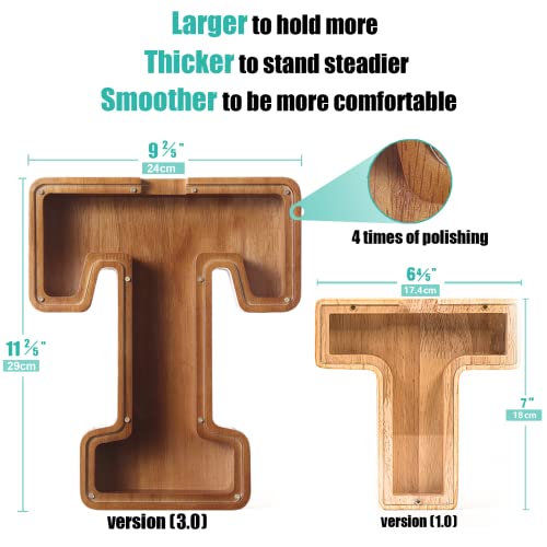 Summidate Large Wooden Piggy Bank for Kids Adults, Alphabets Letter A-Z Piggy Bank for Boys Girls, Coins Bills Change Bank Box Personalized Initial Name Kids Money Bank for Birthday Present and Decor