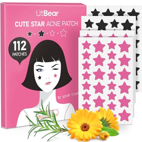 LitBear Star Pimple Patches, Black & Pink Hydrocolloid Acne Patch with Tea Tree Oil & Centella, Cute Pimple Stickers Zits Patch For Face Blemished Spot Patch Acne Dots
