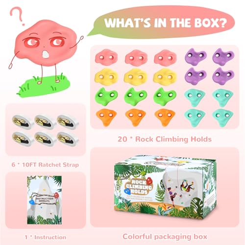 TOPNEW 20 Ninja Tree Climbing Holds for Kids Climber, Adult Climbing Rocks with 6 Ratchet Straps for Outdoor Ninja Warrior Obstacle Course Training, Soft Color