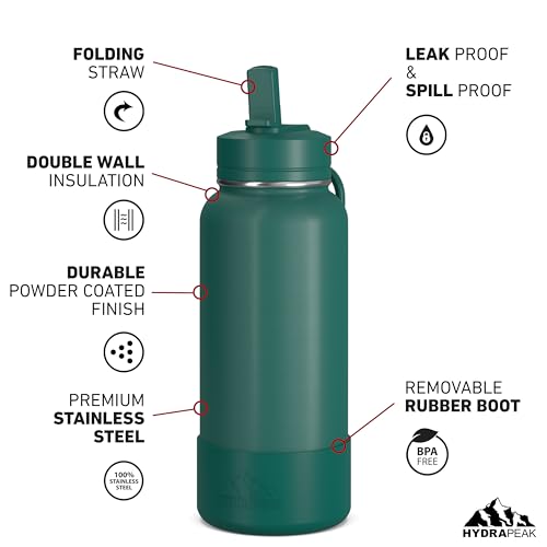 Hydrapeak 32oz Sport Insulated Water Bottle with Straw or Chug Lid, Leak & Spill Proof, Keeps Drinks Cold for 24 Hours, Hot for 12 Hours, Premium Stainless Steel Water Bottles (32oz, Forest)