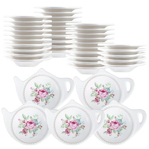 Bicuzat Floral Flowers Tea Bag Holder Tea Porcelain Accessories Teapot Shaped Tea Bag Coaster Resting Caddy Saucer 4 Inch/10cm-Set of 40