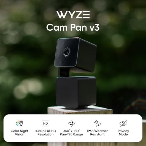 WYZE Cam Pan v3 Indoor/Outdoor IP65 1080P 360° Pan/Tilt/Zoom WiFi Smart Home Security Camera, Motion Tracking for Baby/Pet