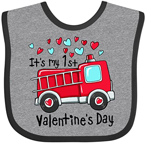 inktastic It's My 1st Valentine's Day Fire Truck Baby Bib Heather and Black 39a29