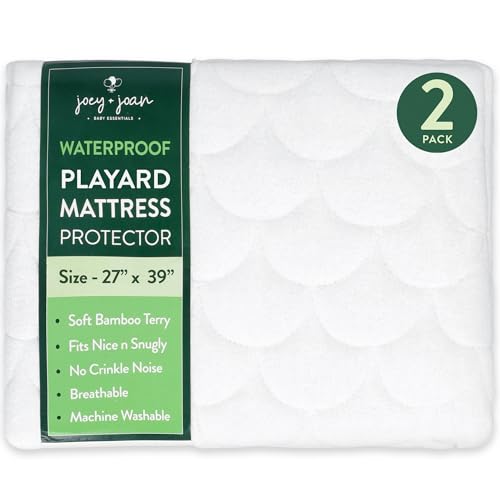 Joey + Joan Waterproof Pack and Play Mattress Pad Protector Cover – Compatible with Graco Pack n Play – 2 Pack Quilted Playard Sheets of Viscose Made from Bamboo – 27