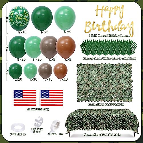 Keleno 133 Army Birthday Party Decorations Military Camo Party Supplies Camouflage Netting Balloon Arch Garland Kit Backdrop Tablecloth Flag Banner Hunting Soldier Birthday Decor for Boy Adult Men