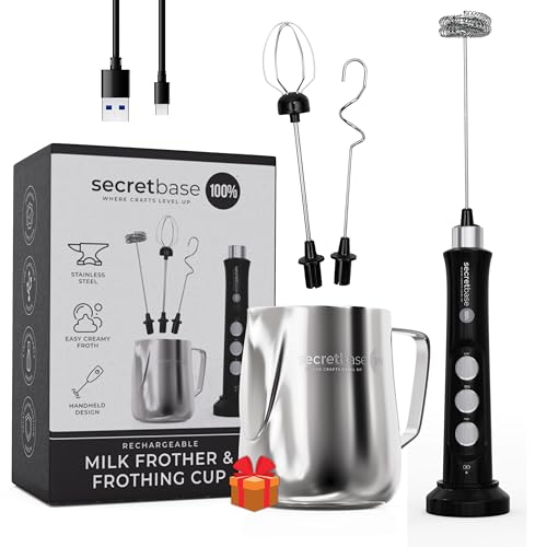 Secretbase 3 Speed Rechargeable Milk Frother and Cup Set, Cordless USB Charging Cradle - Handheld Milk Frother, Double-thickness Whisk, Tiny Egg Beater, Mini Electric Coffee Stirrer(Black)