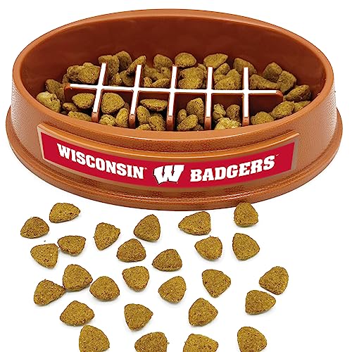 NCAA Super-Bowl - Wisconsin Badgers Slow Feeder Dog Bowl. Football Design Slow Feeding Cat Bowl for Healthy Digestion. Non-Slip Pet Bowl for Large & Small Dogs & Cats