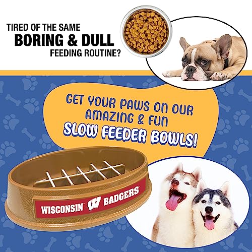 NCAA Super-Bowl - Wisconsin Badgers Slow Feeder Dog Bowl. Football Design Slow Feeding Cat Bowl for Healthy Digestion. Non-Slip Pet Bowl for Large & Small Dogs & Cats