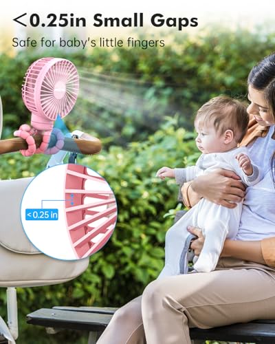 FRIZCOL Stroller Fan for Baby - Portable Fans Rechargeable - Battery Operated Fan(Use for 24Hrs) - Fans for Handheld/Clip On/Car Seat/Desk/Camping (Pink)
