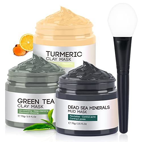 KAISASA 3PCS Clay Face Mask Skincare - Facial Skin Care Mask for Deep Pore Cleansing Turmeric Dead Sea Mud Green Tea Purifying and Hydrating - Reduce Acne Blackheads for Women and Men 2.5 OZ each