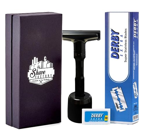 The Shave Factory Adjustable Safety Razor with Double Edge Safety Razor Blades, Perfect Traditional Shaving Set for Wet Shaving Enthusiasts (200 Derby Extra Razor Blades, Black)