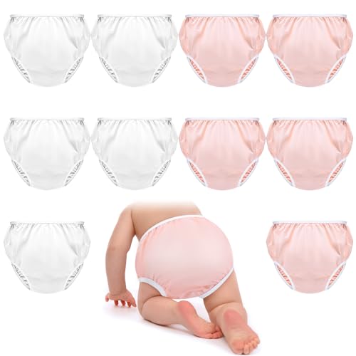 Cozypower 10 Pairs Waterproof Plastic Pants for Toddlers Reusable Plastic Diaper Covers Potty Training Underwear Pants(M,White, Pink)